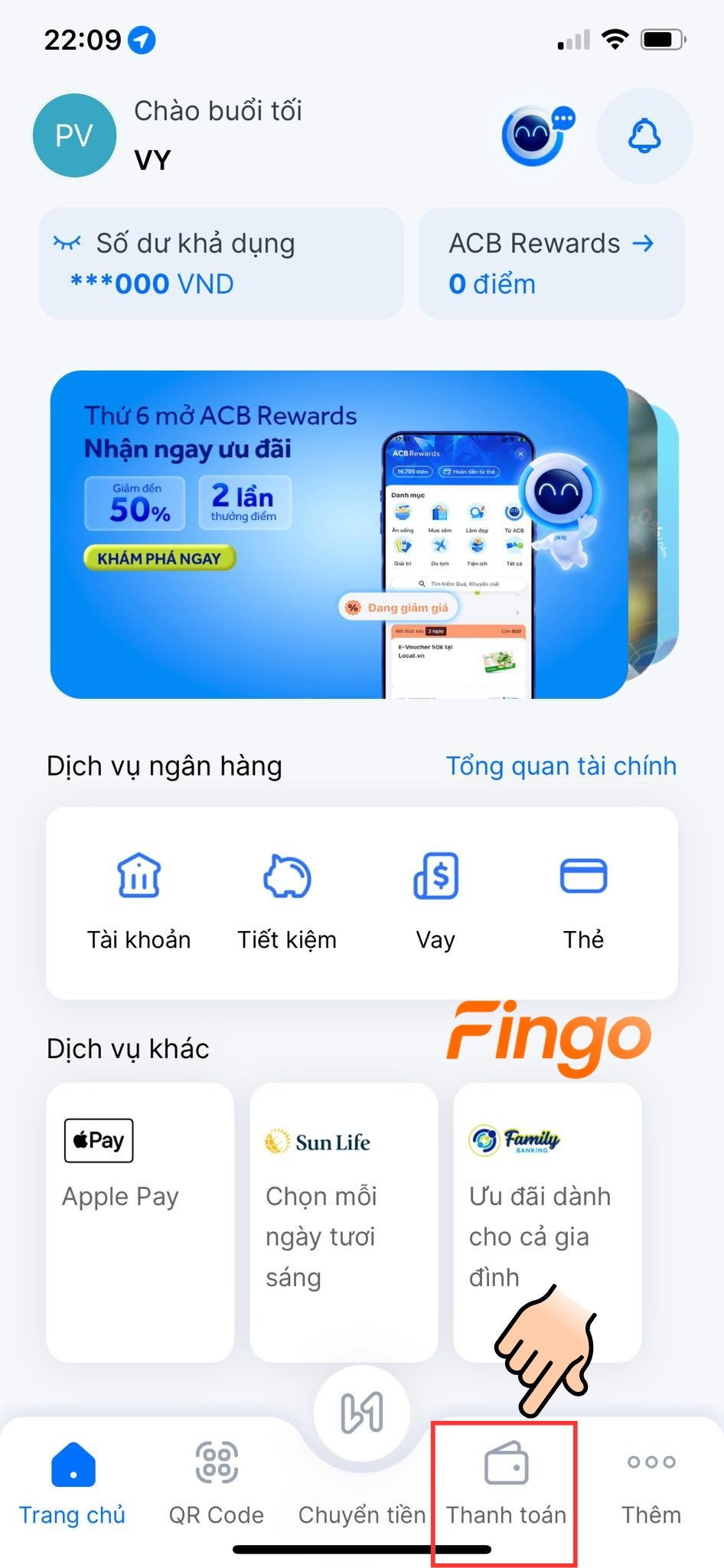 Chọn vào mục "Thanh toán"