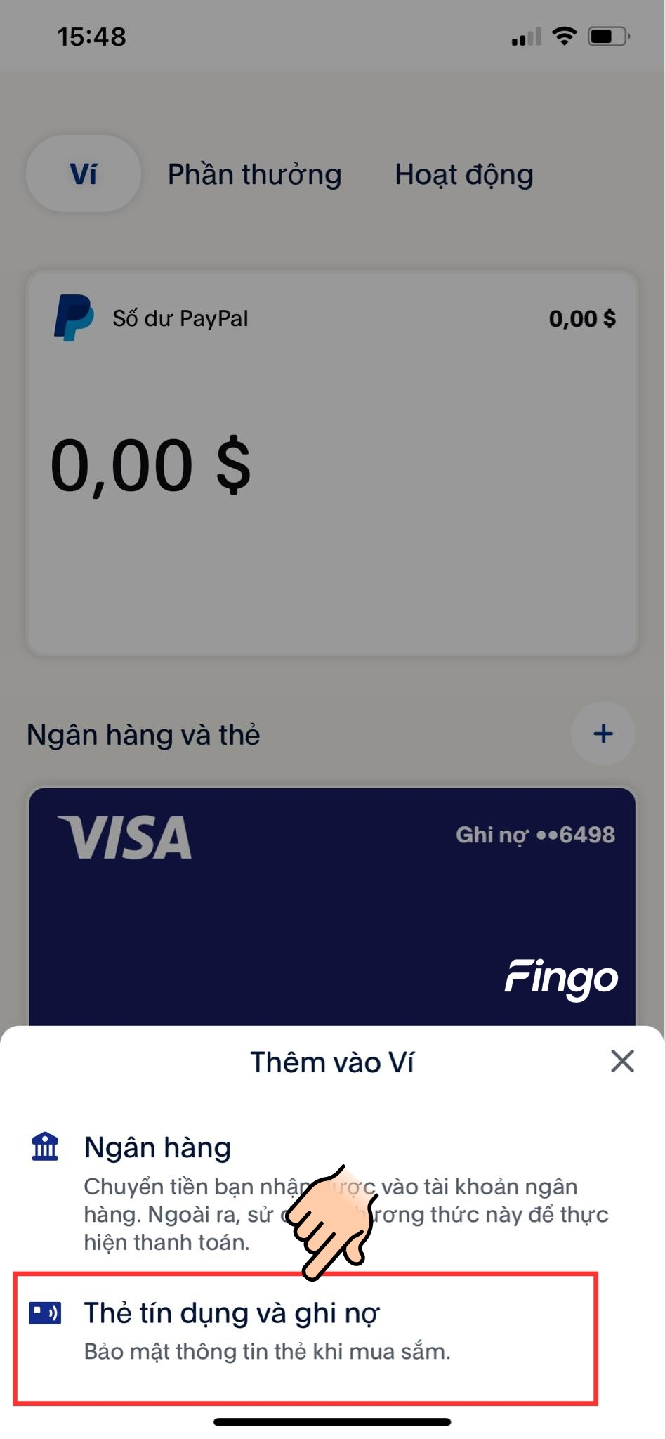 Chọn "Thẻ tín dụng và ghi nợ"