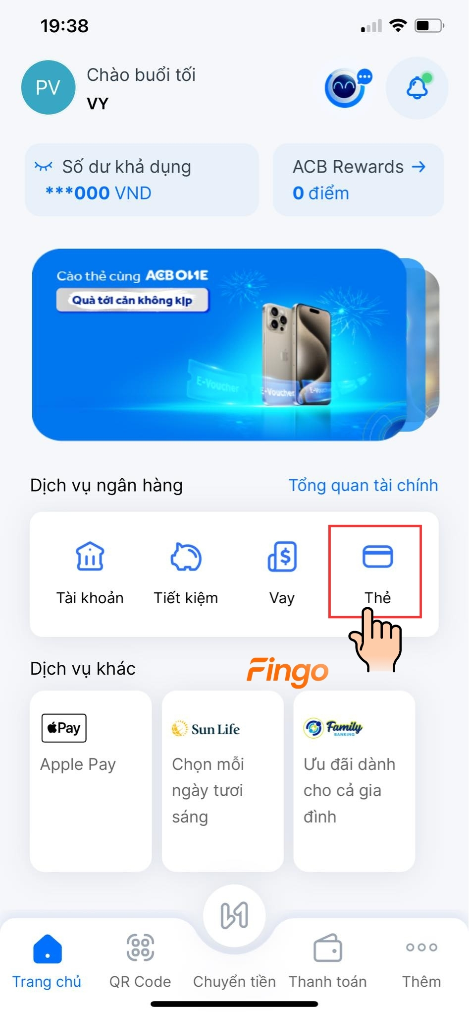 Chọn mục "Thẻ"