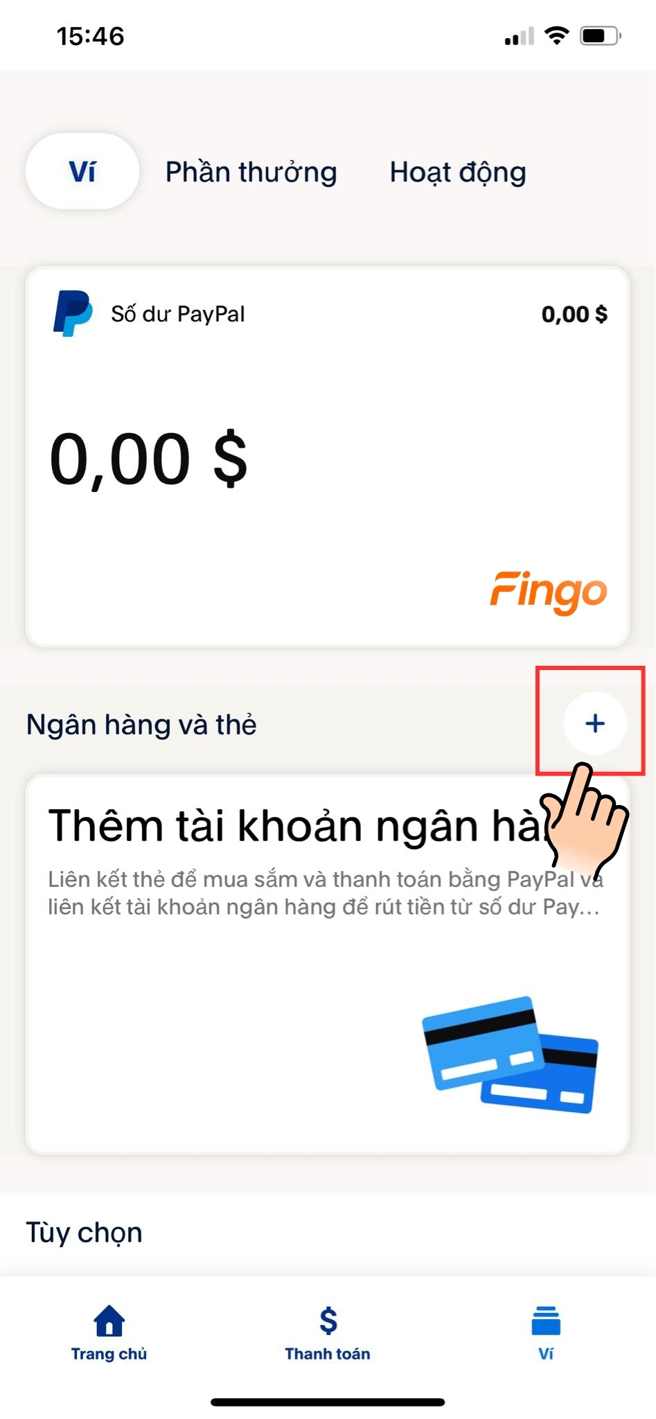 Nhấn vào "Thêm tài khoản ngân hàng"