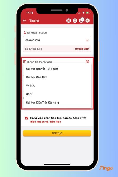 Chọn trường bạn muốn thanh toán trong phần "Thông tin thanh toán"
