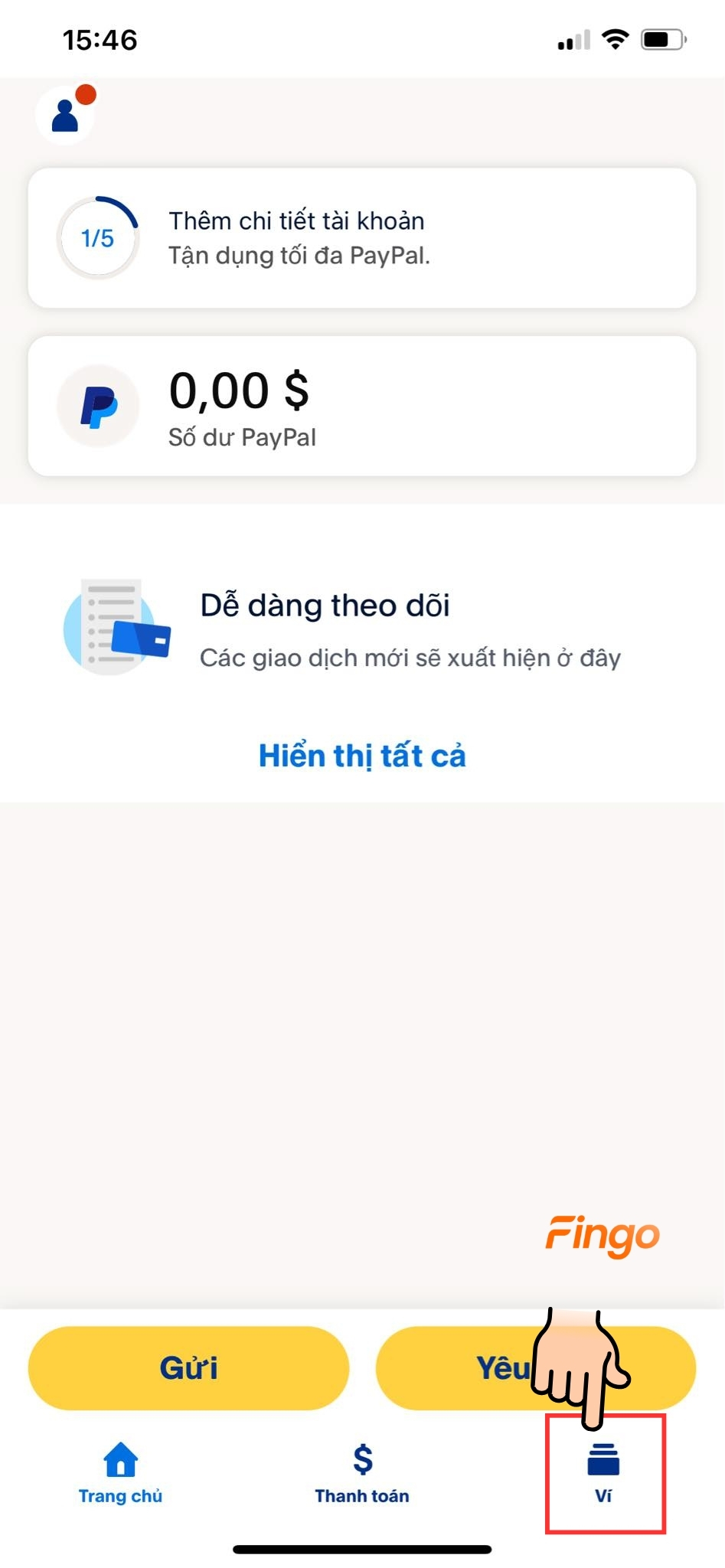 Tại giao diện chính của ví Paypal, chọn mục "Ví"