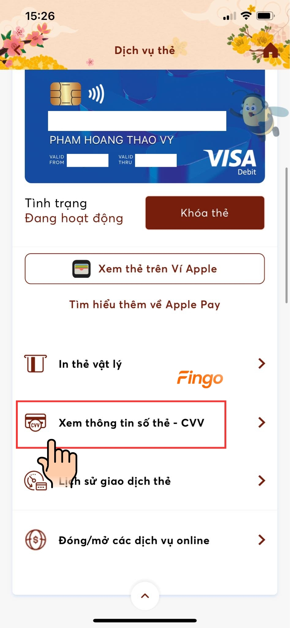 Chọn mục "Xem thông tin số thẻ - CVV"