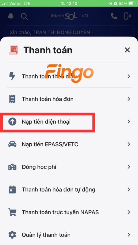 Chọn menu Thanh toán/Chuyển khoản
