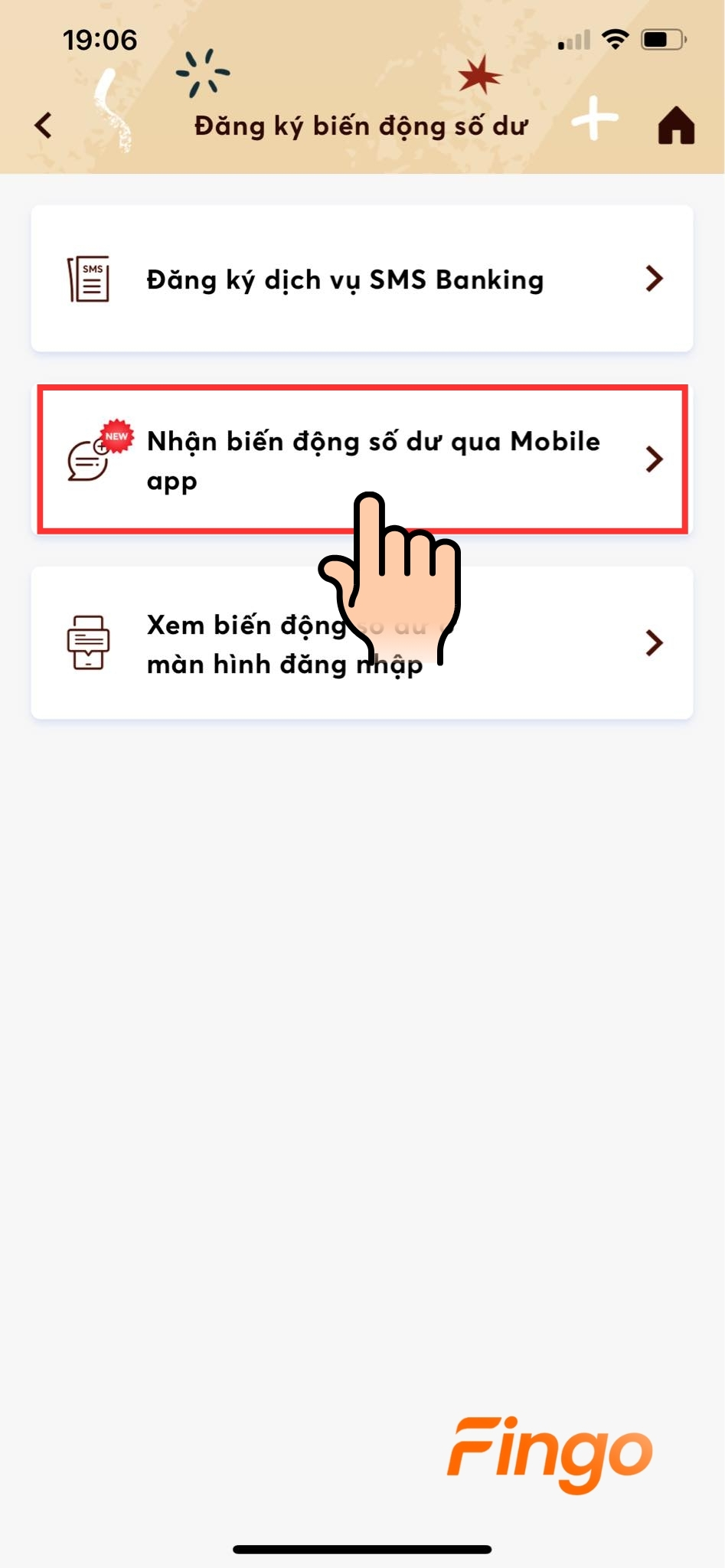 Nhấn vào "Nhận biến động số dư qua Mobile App"