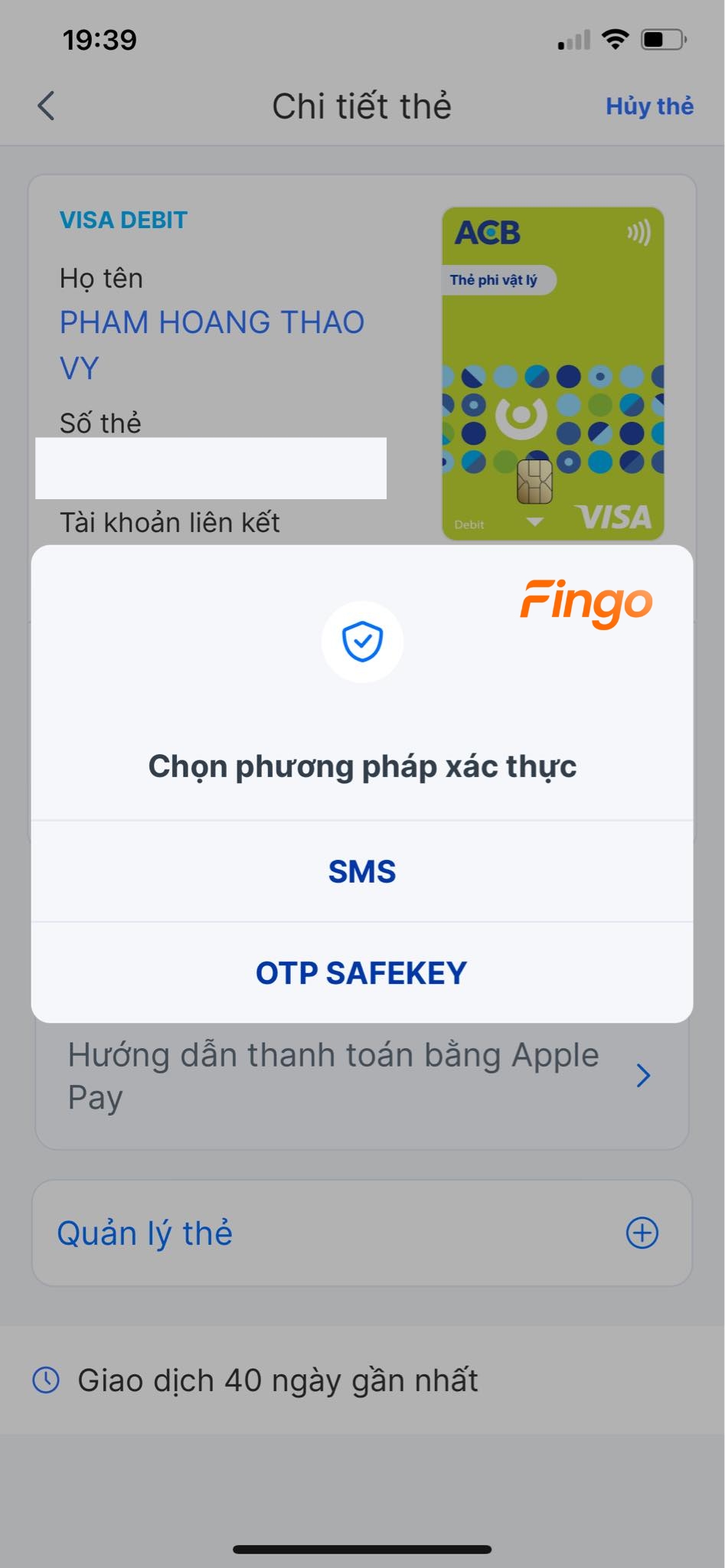 Lựa chọn phương thức xác thực SMS/OTP SAFEKEY để tra cứu