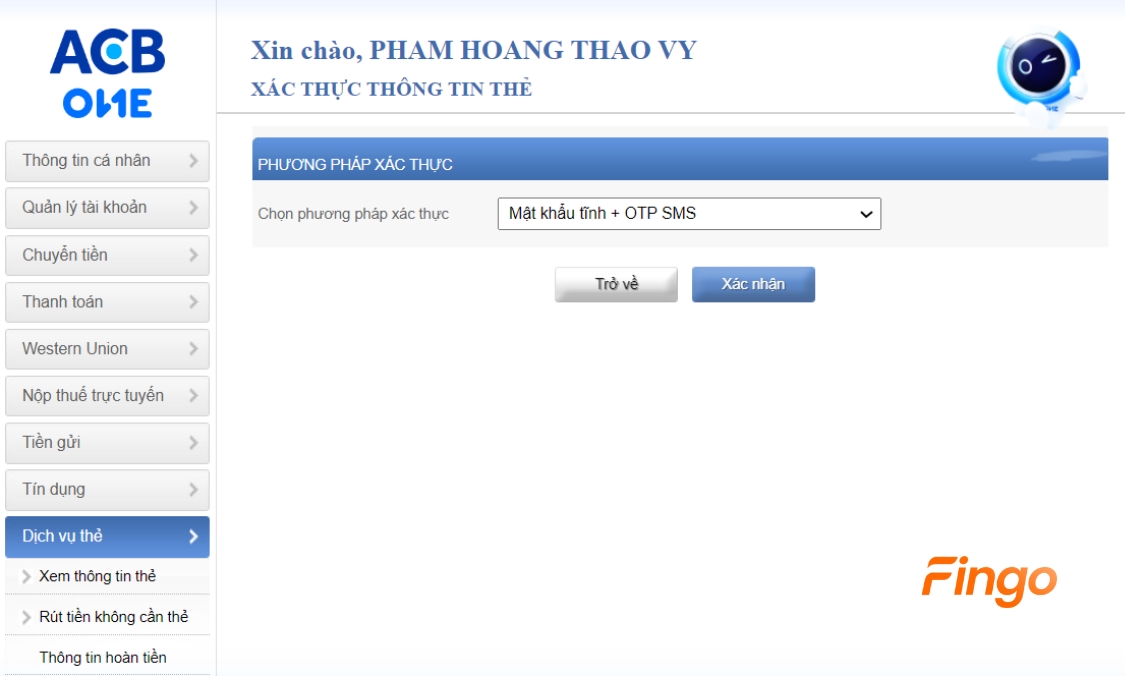 Chọn phương thức xác thực OTP SMS
