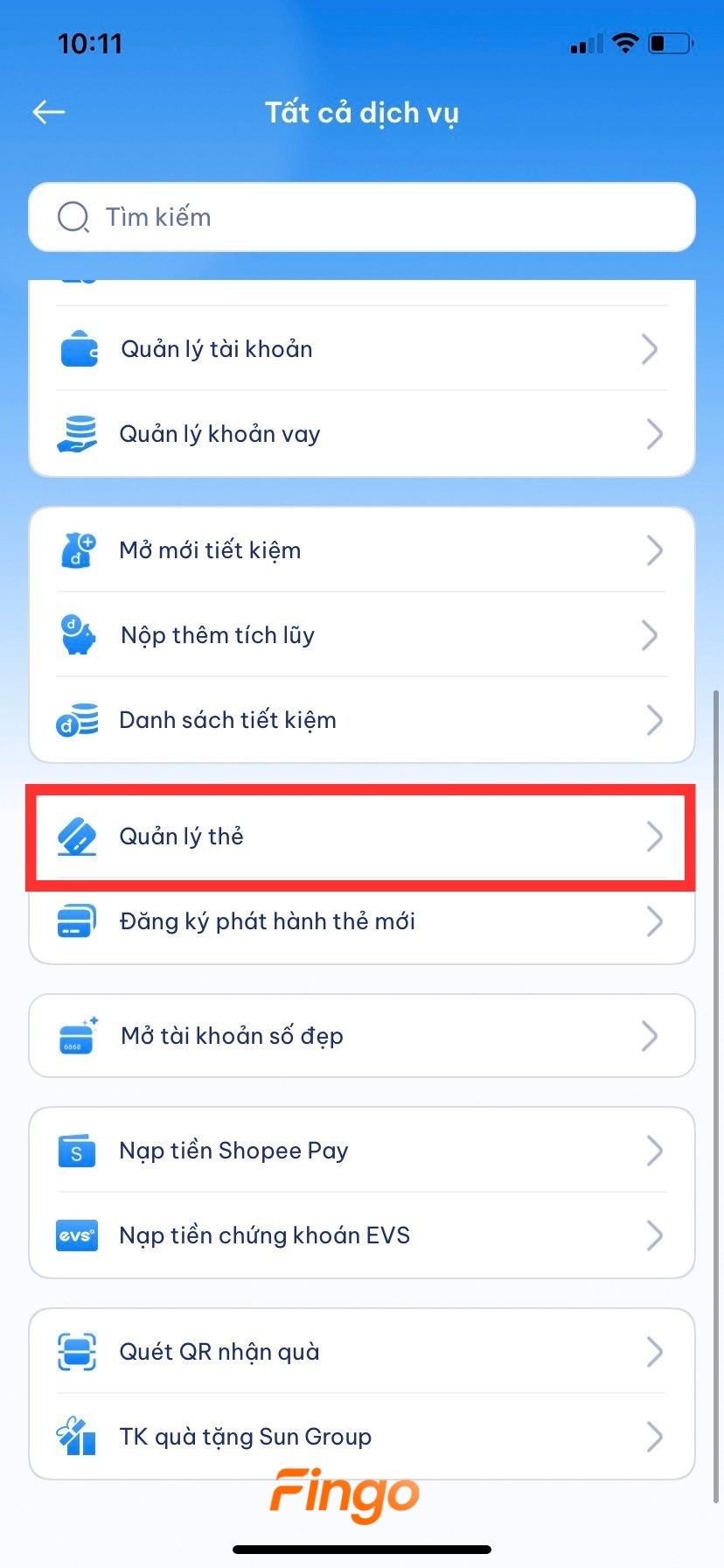 Chọn "Quản lý thẻ"