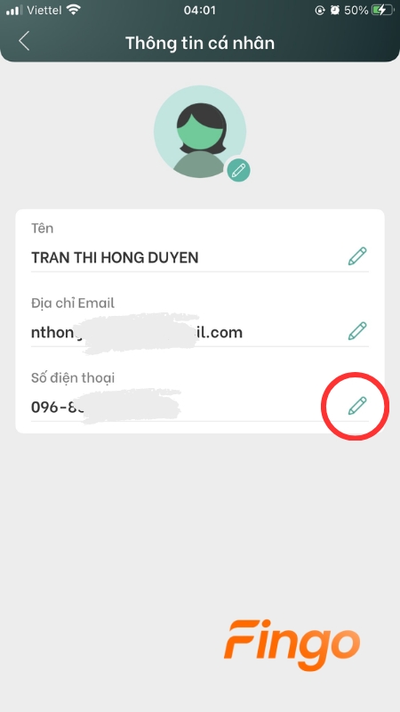 Nhấp vào biểu tượng cây bút để đổi số điện thoại KBank
