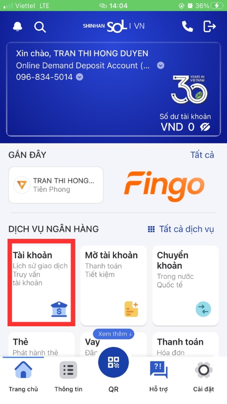 Chọn “Tài khoản” để tạo mã QR Shinhan Bank