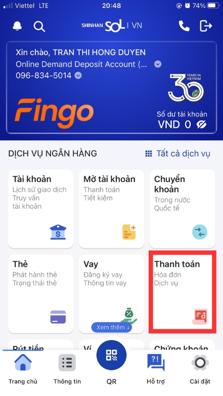  Chọn menu Thanh Toán