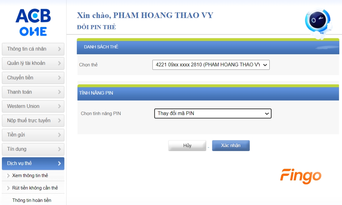 Chọn thẻ mà bạn muốn đổi mã PIN