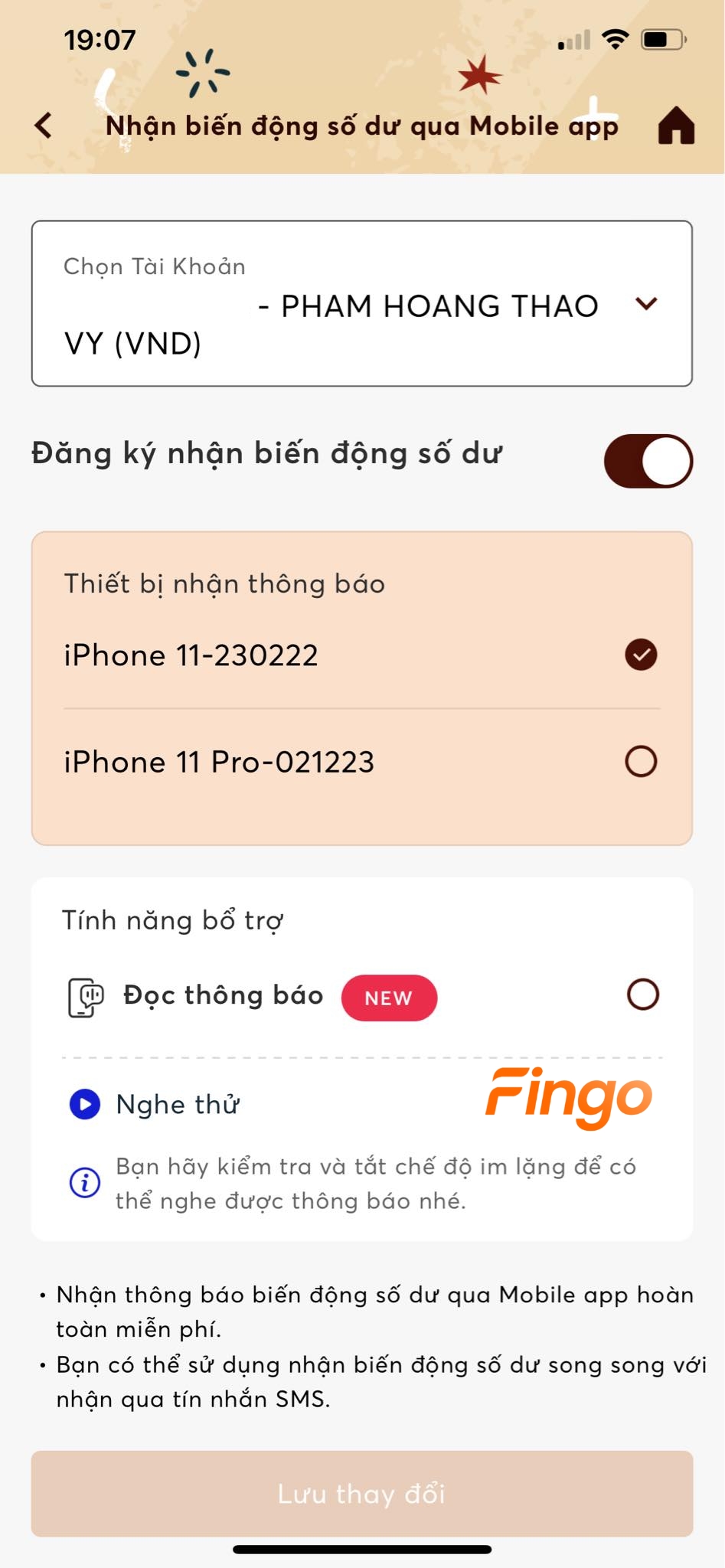 Chọn thiết bị nhận thông báo và lưu thay đổi