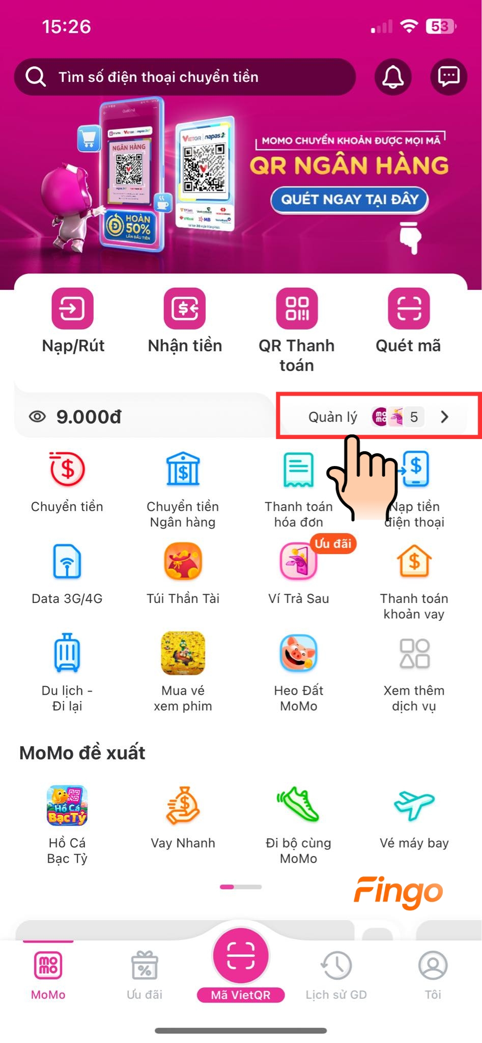 Chọn vào mục "Quản lý"
