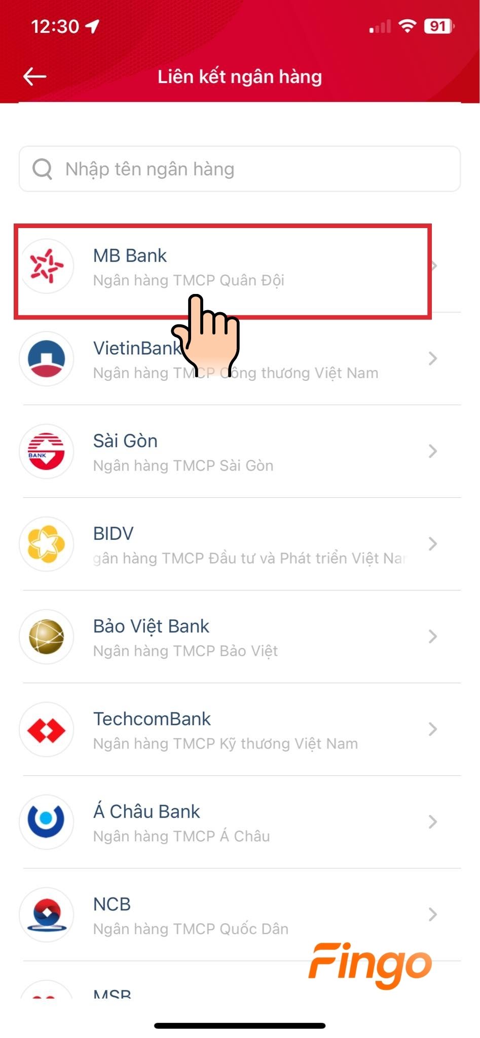 Chọn liên kết ngân hàng MB Bank