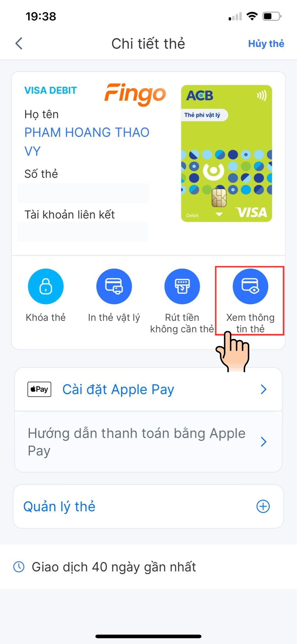 Chọn mục "Xem thông tin thẻ"