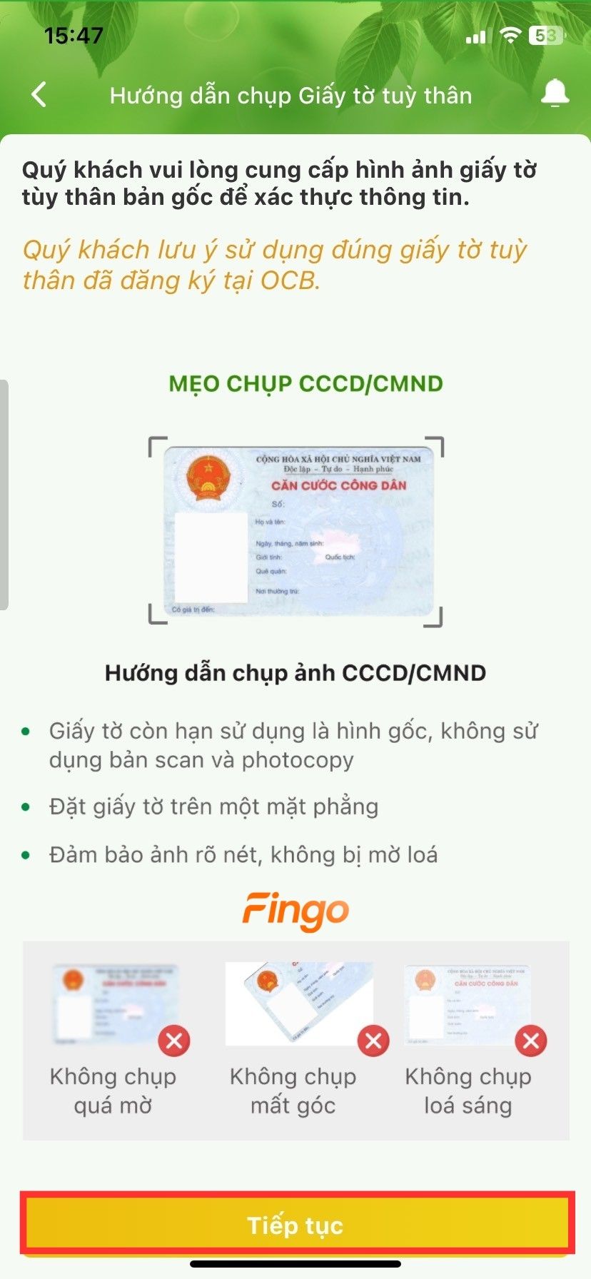 Chụp ảnh giấy tờ thủy thân như CCCD/CMND