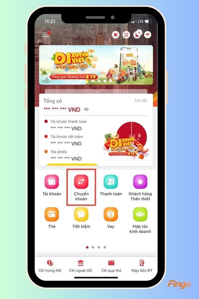 Bấm vào mục "Chuyển khoản."