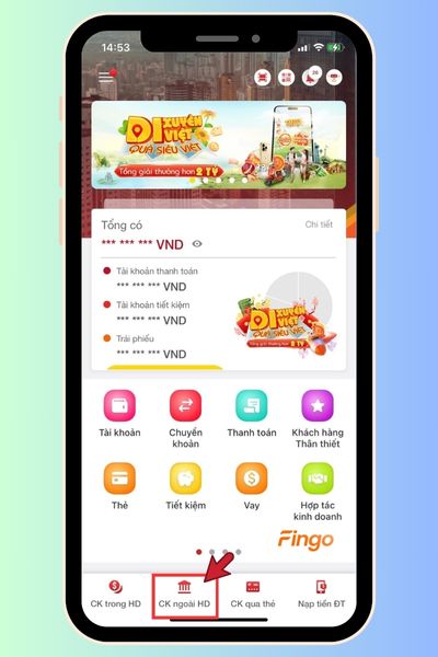 Trên giao diện chính, chọn "Chuyển khoản ngoài HDBank"