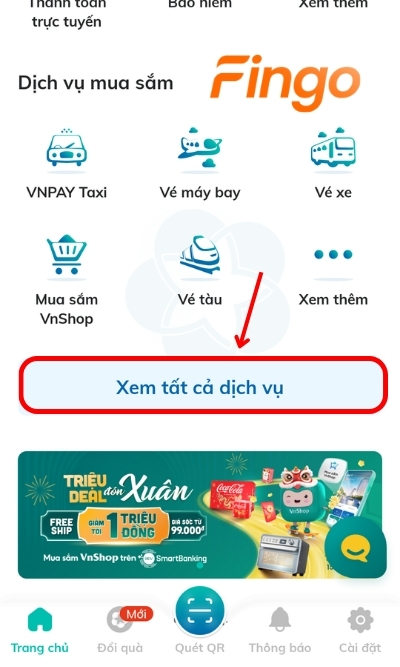 Đăng nhập ứng dụng ngân hàng BIDV SmartBanking, tại màn hình chính, chọn Xem tất cả dịch vụ để tìm kiếm tính năng nộp tiền vào tài khoản chứng khoán.