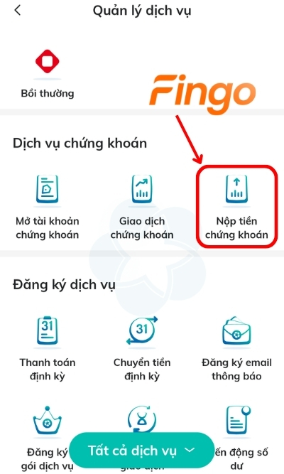 Tại mục dịch vụ chứng khoán, chọn Nộp tiền chứng khoán