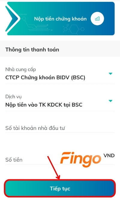 Chọn nhà cung cấp, dịch vụ và nhập số tài khoản chứng khoán BIDV. Sau đó chọn Tiếp tục