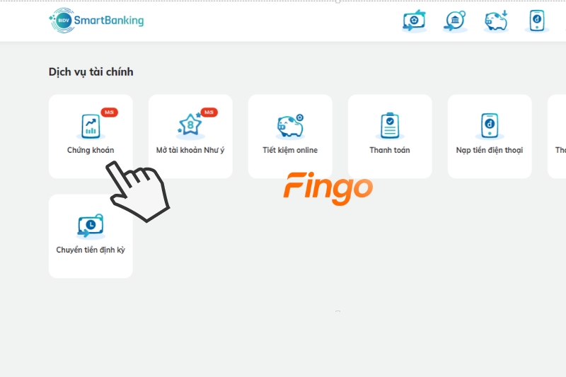 Đăng nhập tài khoản SmartBanking BIDV. Chọn Dịch vụ tài chính/Thanh toán.