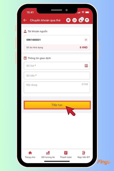 Bấm "Tiếp tục" để chuyển đến bước tiếp theo của quá trình chuyển khoản HDBank
