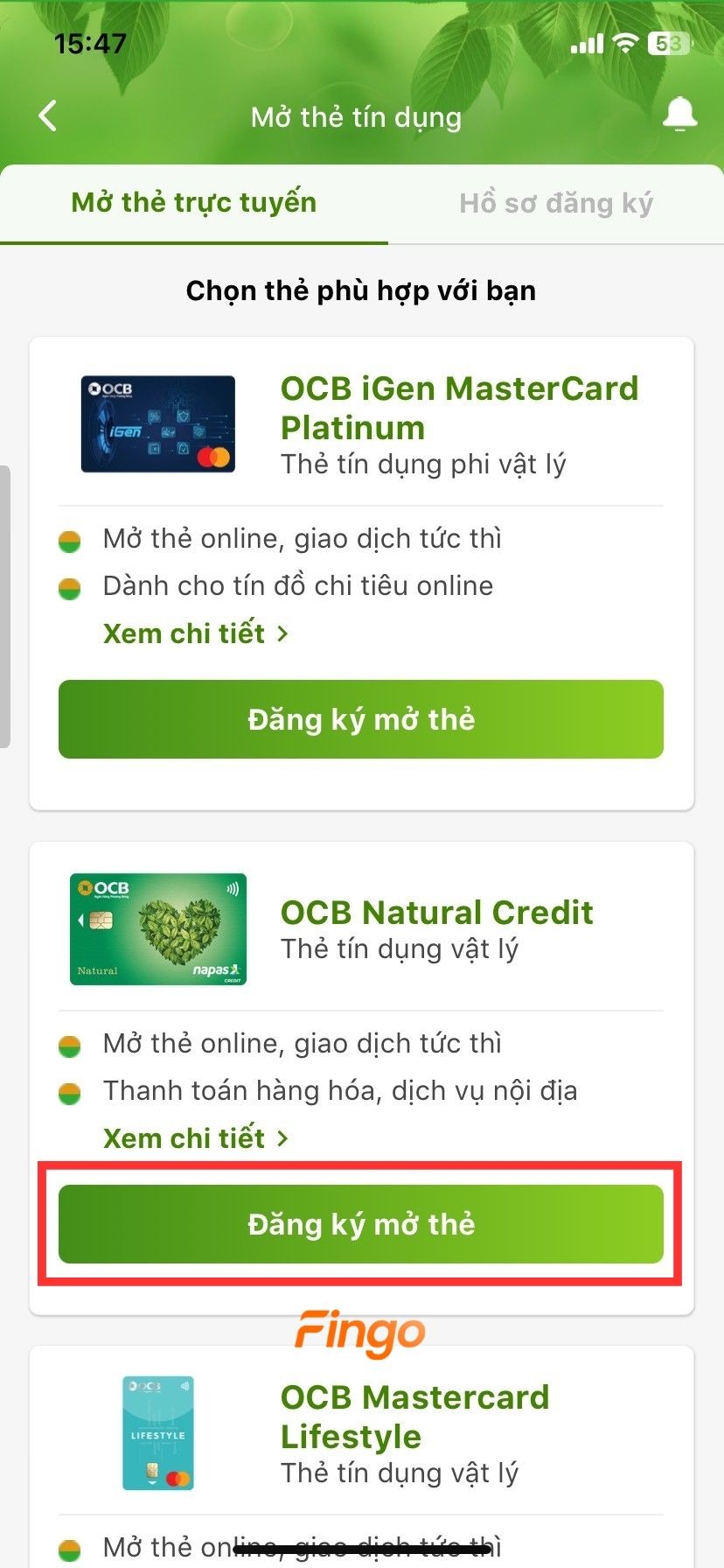 Lựa chọn sản phẩm thẻ phù hợp và nhấn "Đăng ký mở thẻ".
