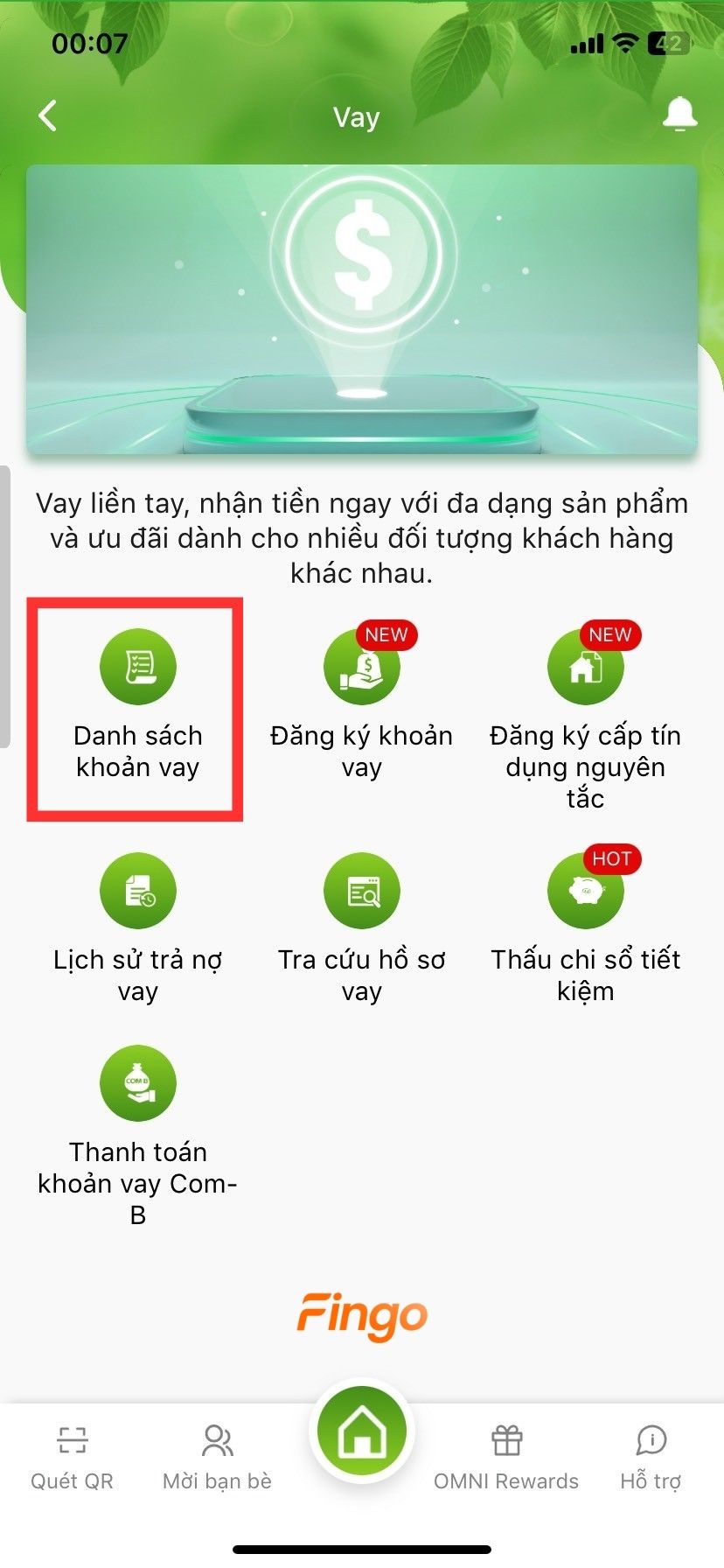 Chọn "Danh sách khoản vay"