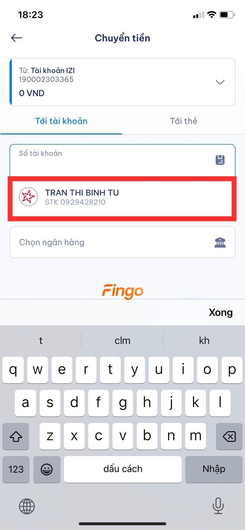 Sau khi lưu thành công, danh sách thụ hưởng sẽ luôn hiển thị ở mục “Số tài khoản”