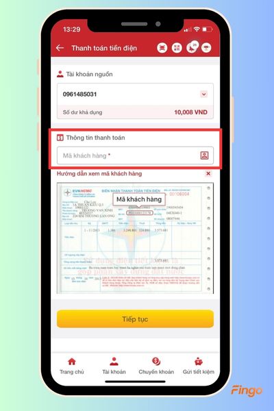 Nhập mã khách hàng của bạn vào mục "Thông tin thanh toán"