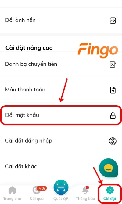 Đăng nhập ứng dụng. Tại mục Cài đặt, chọn Đổi mật khẩu