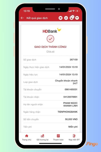 Màn hình sẽ hiển thị thông báo xác nhận về việc chuyển khoản HDBank thành công.
