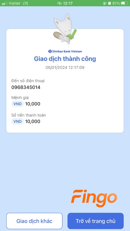 Giao dịch nạp tiền điện thoại qua Shinhan SOL thành công
