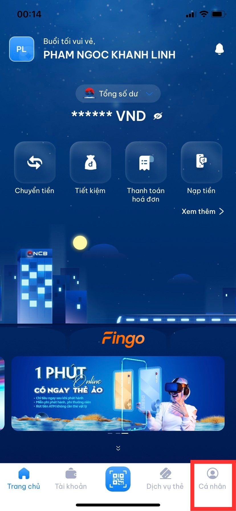 Chọn mục "Cá nhân" ở góc bên phải của màn hình.