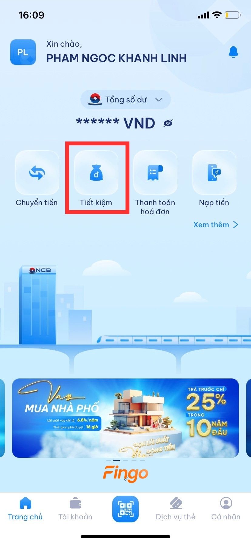 Bấm vào "Tiết kiệm" hiển thị trên màn hình của ứng dụng NCB iziMobile.