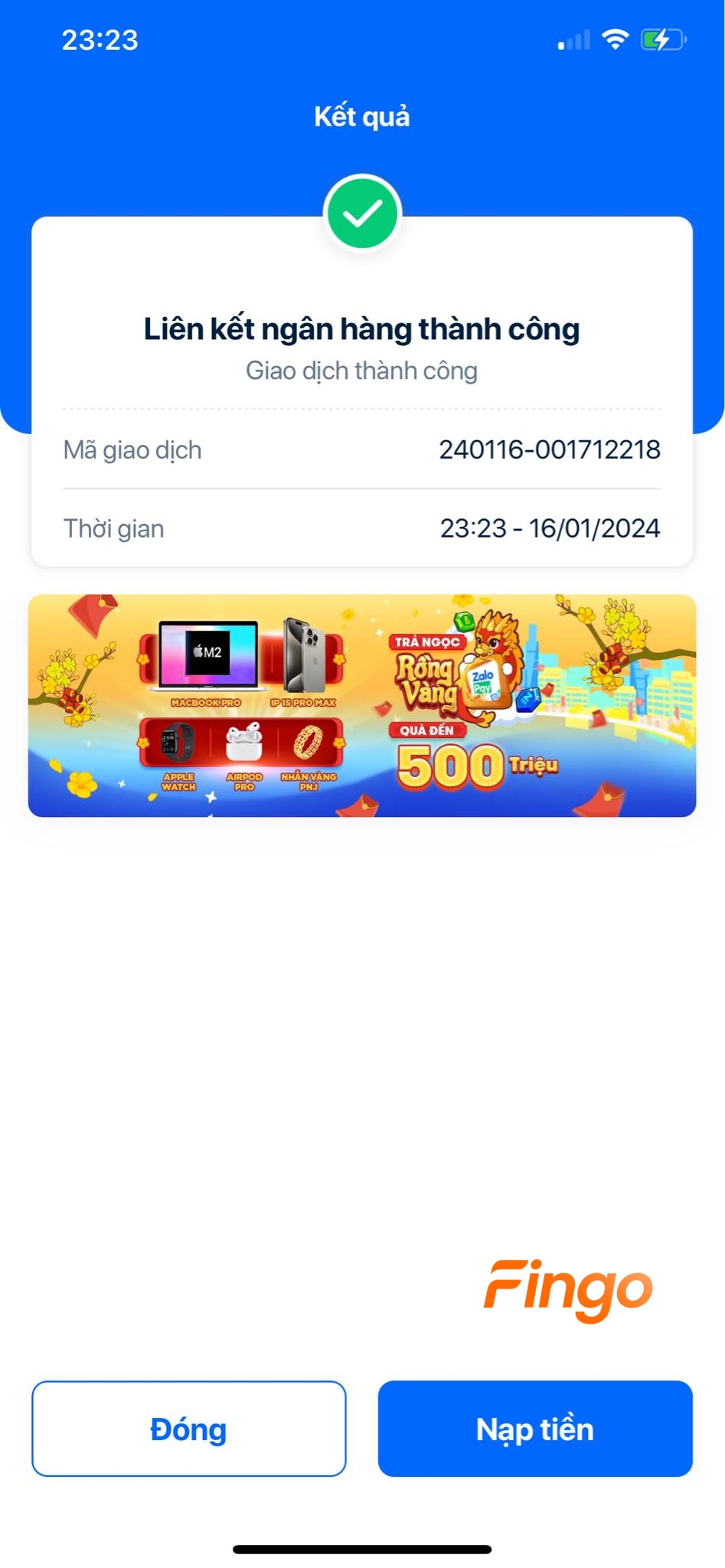 Hệ thống hiển thị liên kết ngân hàng thành công