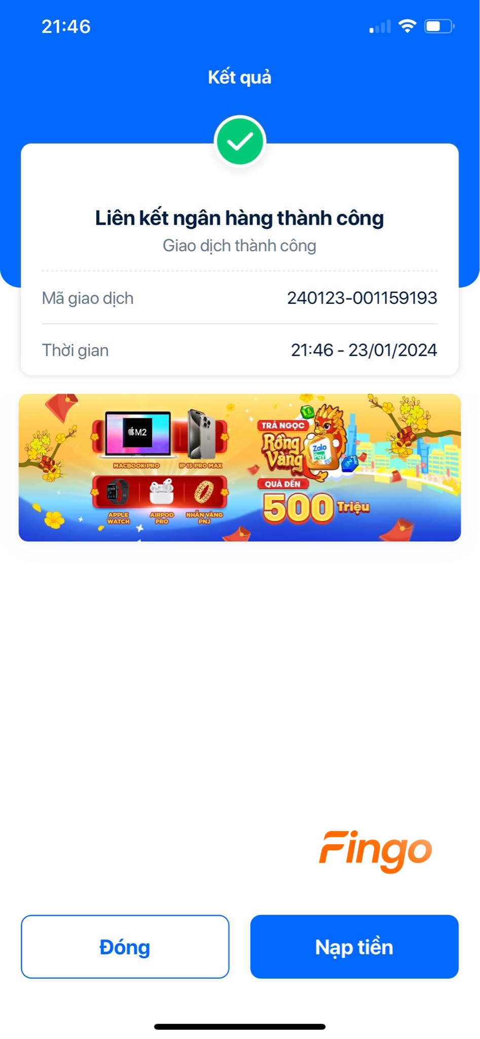 Hệ thống hiển thị liên kết thành công