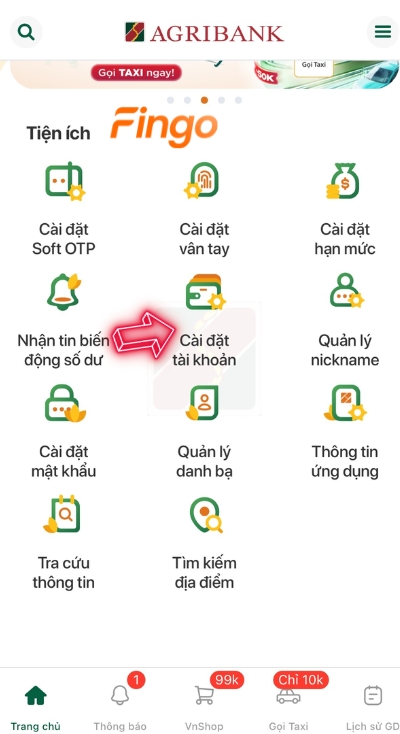 Nhấn chọn mục cài đặt tài khoản