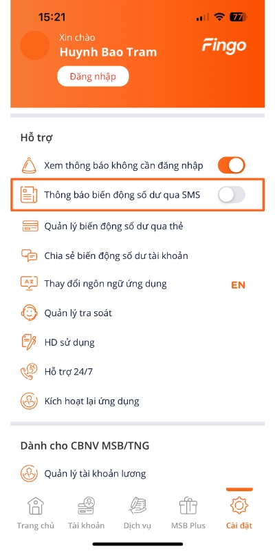 Cách hủy SMS Banking MSB online bước 2