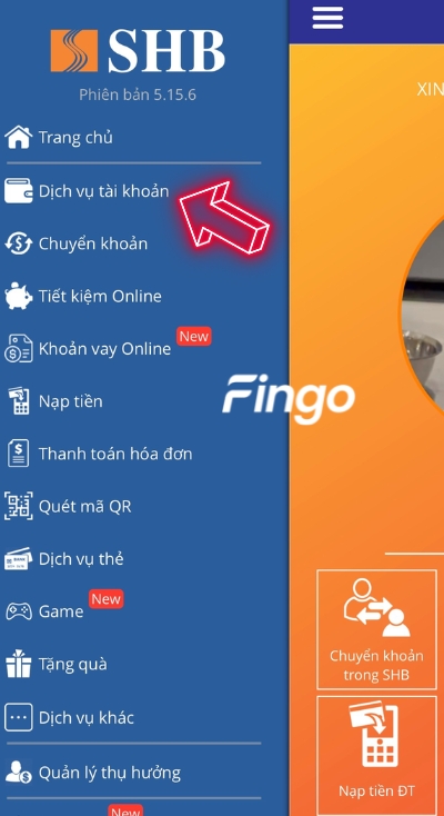Nhấn chọn dịch vụ tài khoản