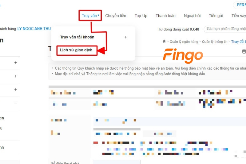 Chọn "Truy vấn" > Chọn "Lịch sử giao dịch".