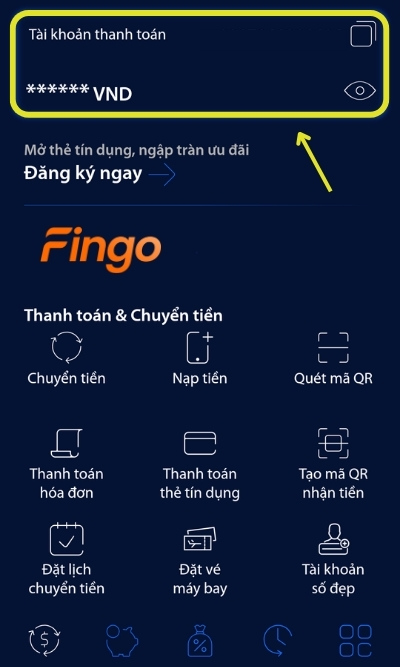  Đăng nhập ứng dụng ngân hàng. Tại màn hình chính, chọn mục Tài khoản thanh toán để xem số dư hiện tại.