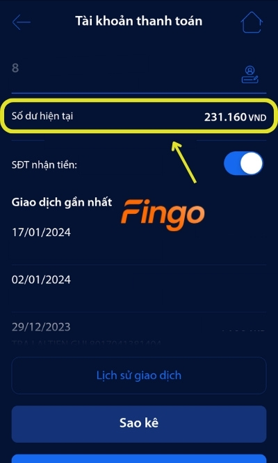Tại màn hình, khách hàng sẽ nhìn thấy mục Số dư hiện tại.