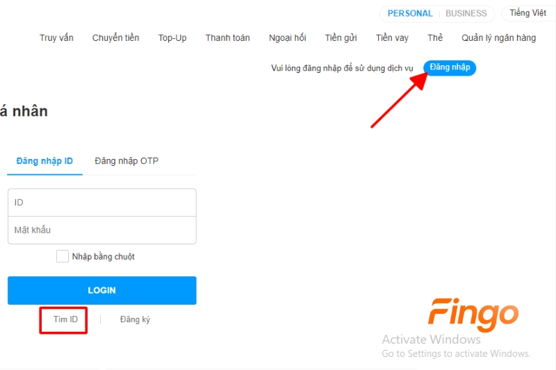 Chọn "Đăng nhập" sau đó "Tìm ID" hiển thị tại giao diện hệ thống.