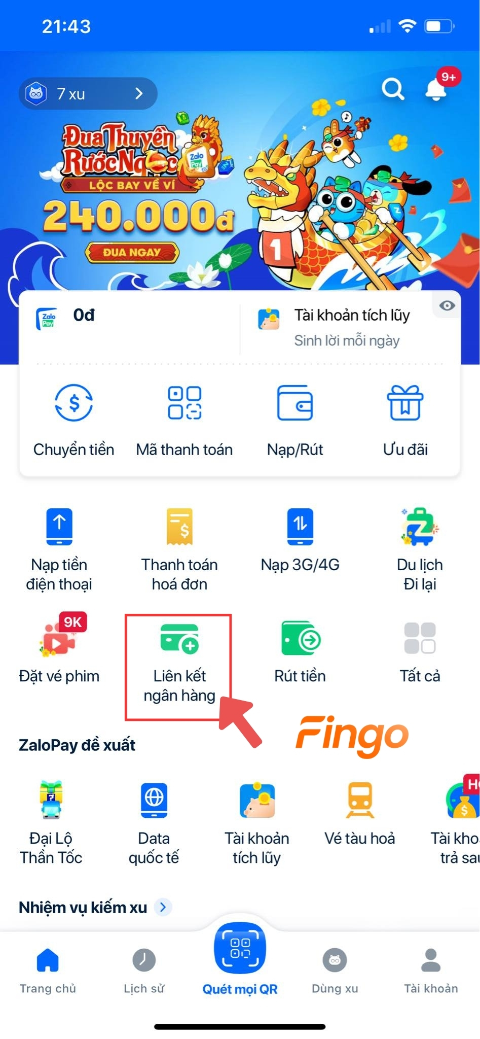 Chọn mục "Liên kết ngân hàng"