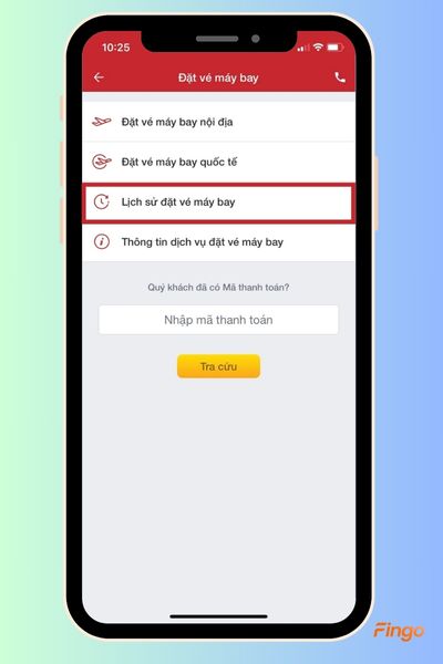 Chọn vào "Lịch sử chọn vé máy bay" 