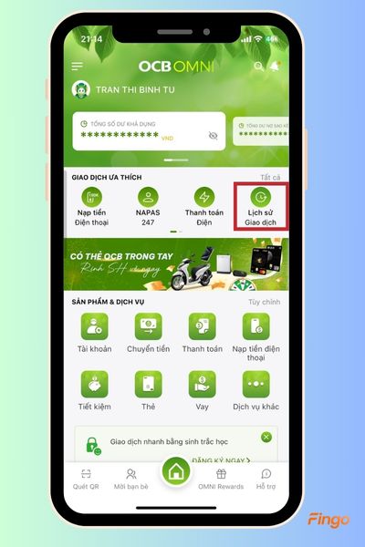 Tại màn hình chính, bấm vào mục "Lịch sử giao dịch"