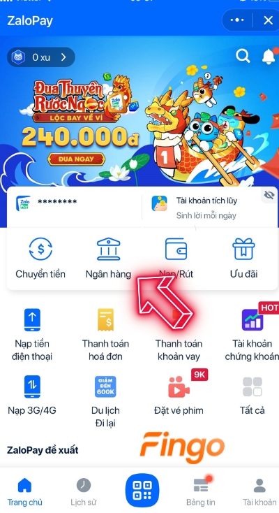Nhấn chọn mục ngân hàng